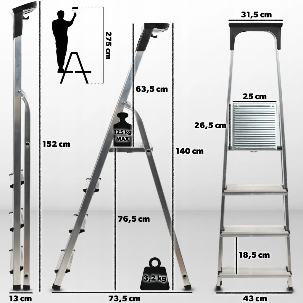 Scala domestica pieghevole in alluminio KADAX a 4 gradini con ripiano, portata massima 125 kg.