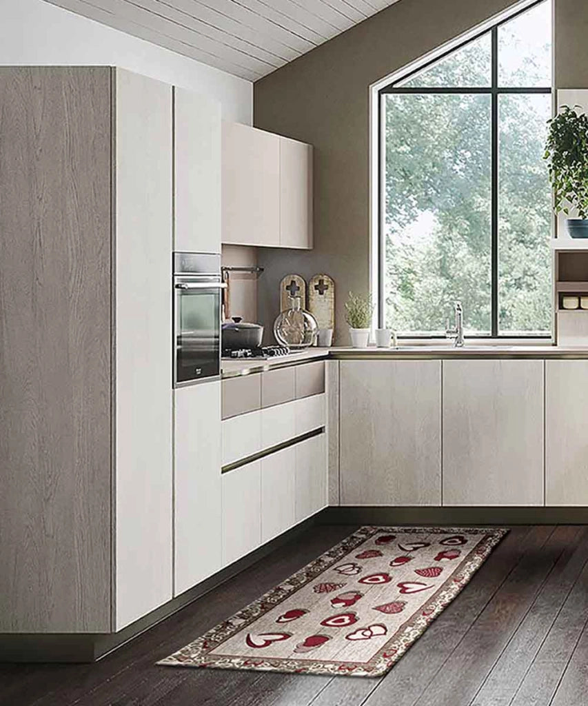 Tappeto LOVELY beige rosso cm.55x140 moderno cuori, passatoia cucina multiuso lavabile antiscivolo