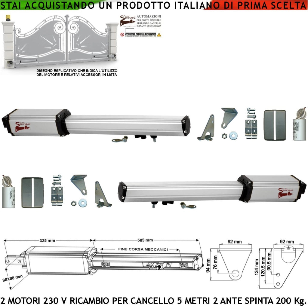 Motori 220 V Attuatori Elettromeccanici Corsa 400 MM Spinta 2 Q.li Kit Staffe Chiave Sblocco nel Carrello di Traino 2 Condensatori 16µF Ricambio Cancello Elettrico 5 Metri 2 Ante Compatibili Elettronica Phobos Aster Came Misure 910X88X88 mm