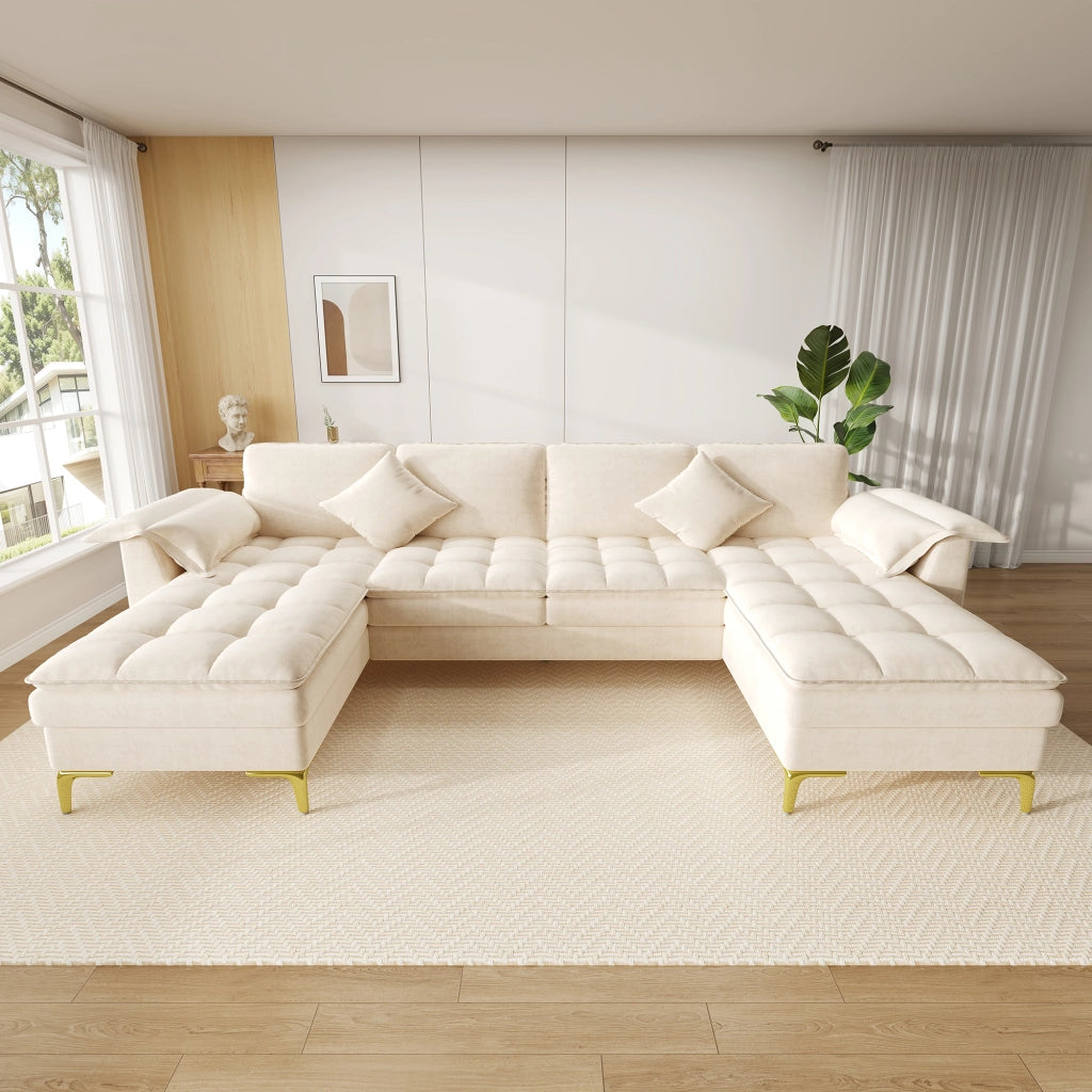 Divano panoramico a U modulare per 4-5 posti con due chaise longue e cuscini in ciniglia beige 262 × 134 × 86 cm