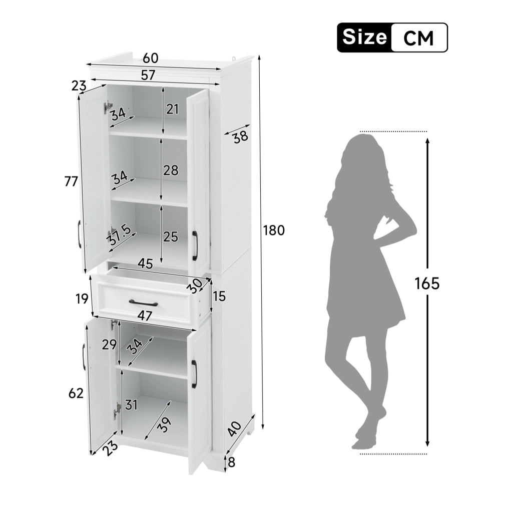 Colonna bagno in MDF bianca 60x40x180 cm con 2 ante, cassetto e ripiani regolabili
