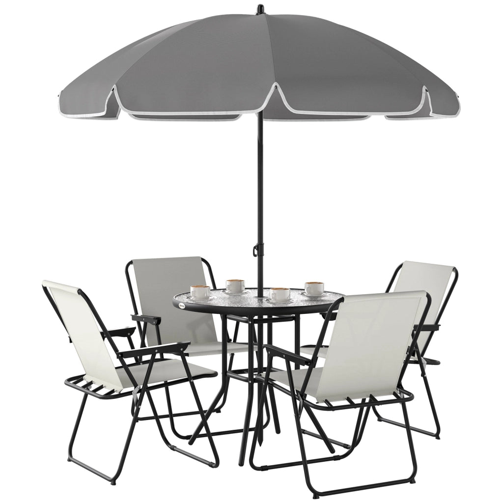 Set da Giardino 6 Pezzi con 4 Sedie Pieghevoli Ombrellone e Tavolo Rotondo  Crema Grigio e Nero