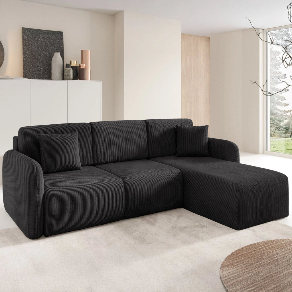 Ranco, Divano Letto con Penisola Contenitore, 245x185 cm Nero