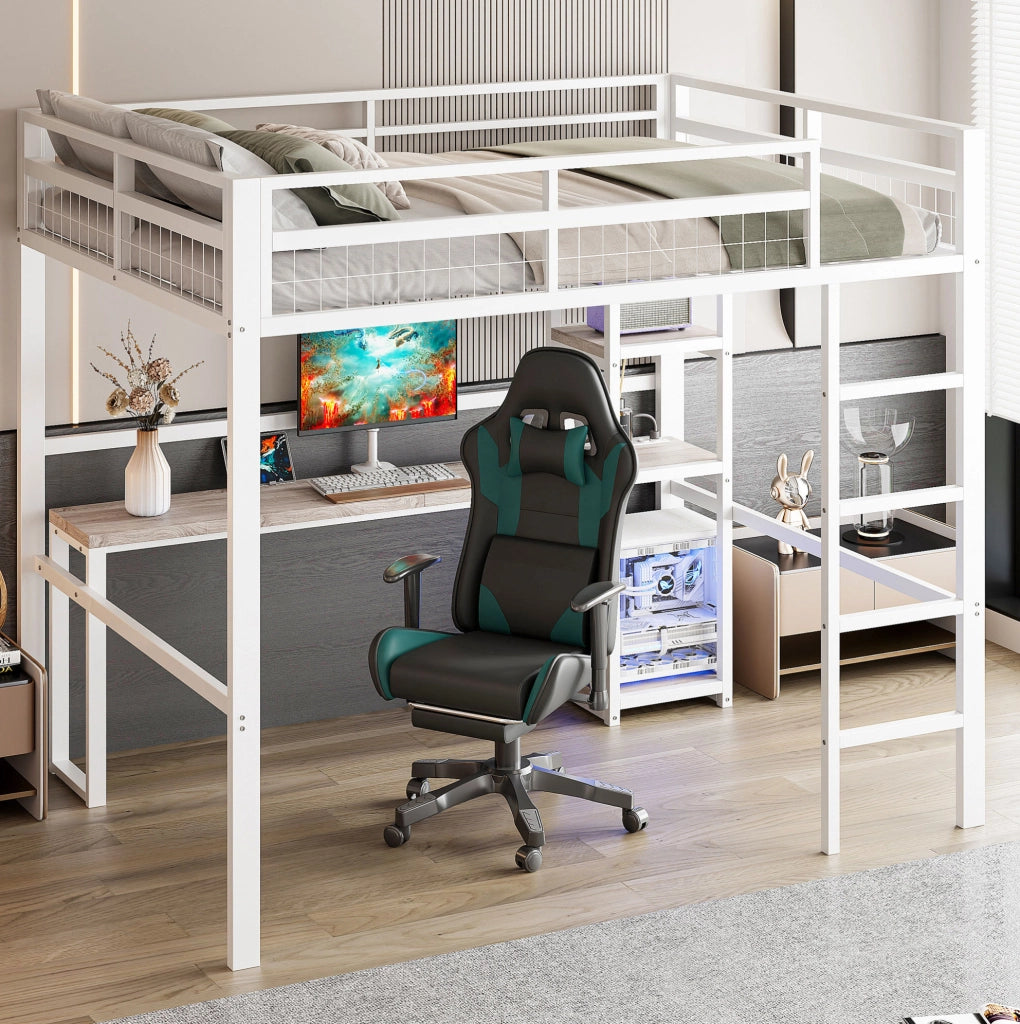 Letto a soppalco 140x200 cm con scrivania, ripiani e prese USB Type-C