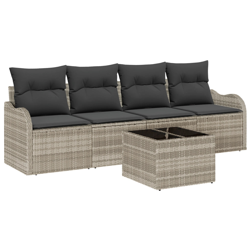 Set Divano da Giardino  5 pezzi con cuscini grigio chiaro in polyrattan