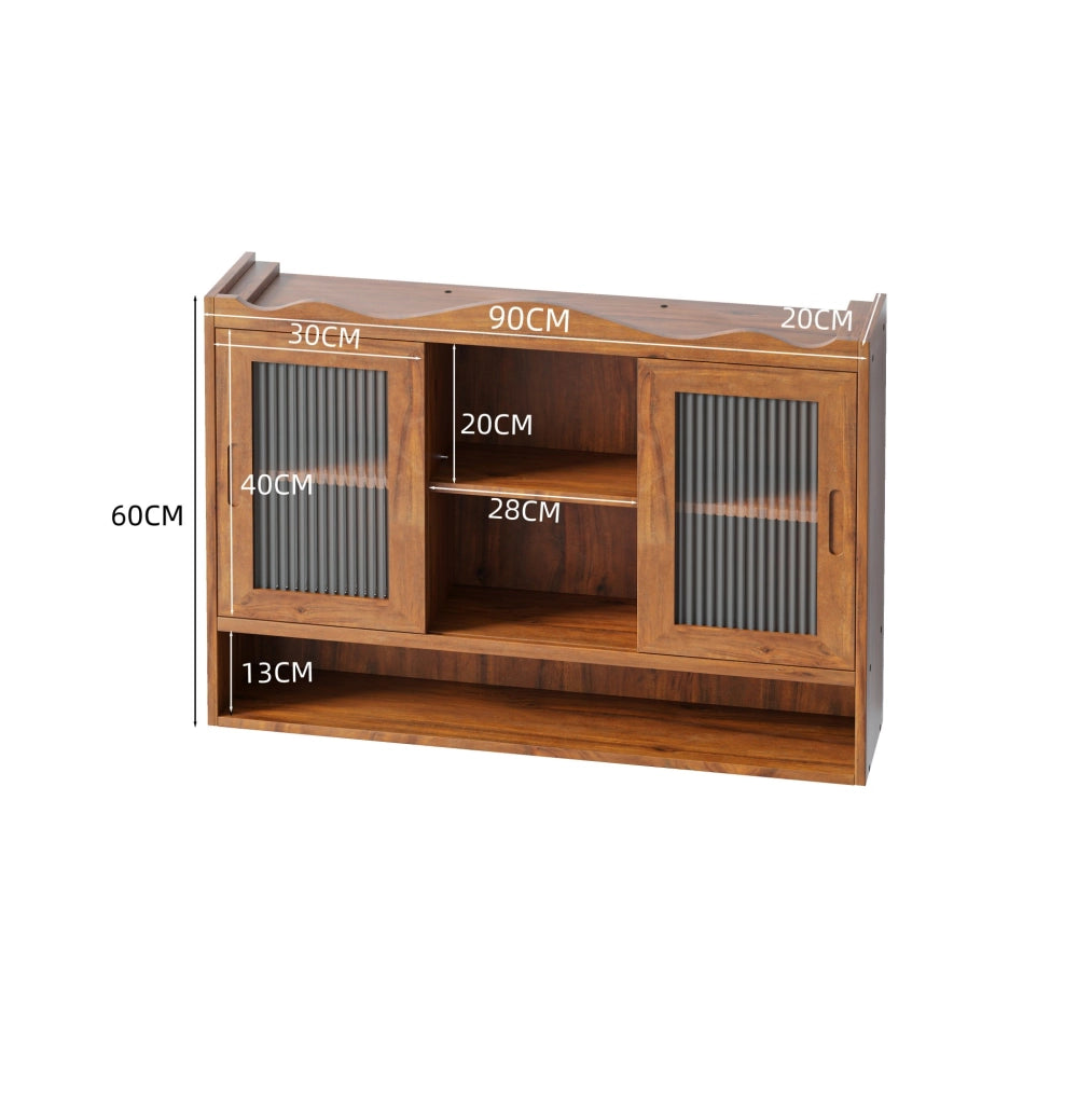 Mobile pensile retrò 90x20x60 cm in legno e vetro marrone per cucina