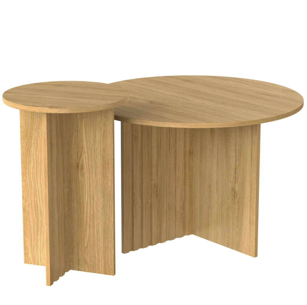 Set di 2 tavolini da salotto rotondi 76x76x50 cm e 40x40x56.5 cm; MDF e pannello truciolare; colore legno