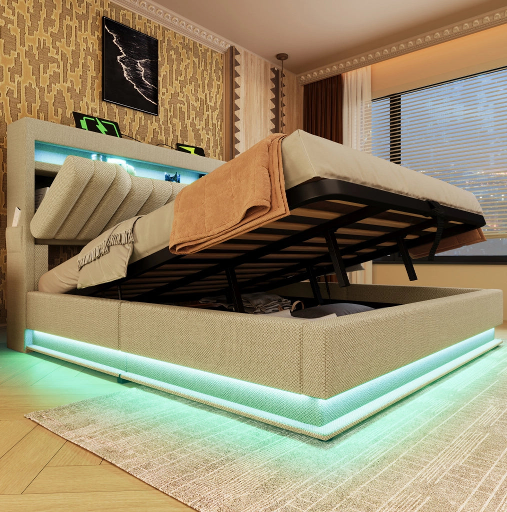Letto matrimoniale 180x200 cm con LED; ricarica USB e Type-C; contenitore idraulico; beige in lino