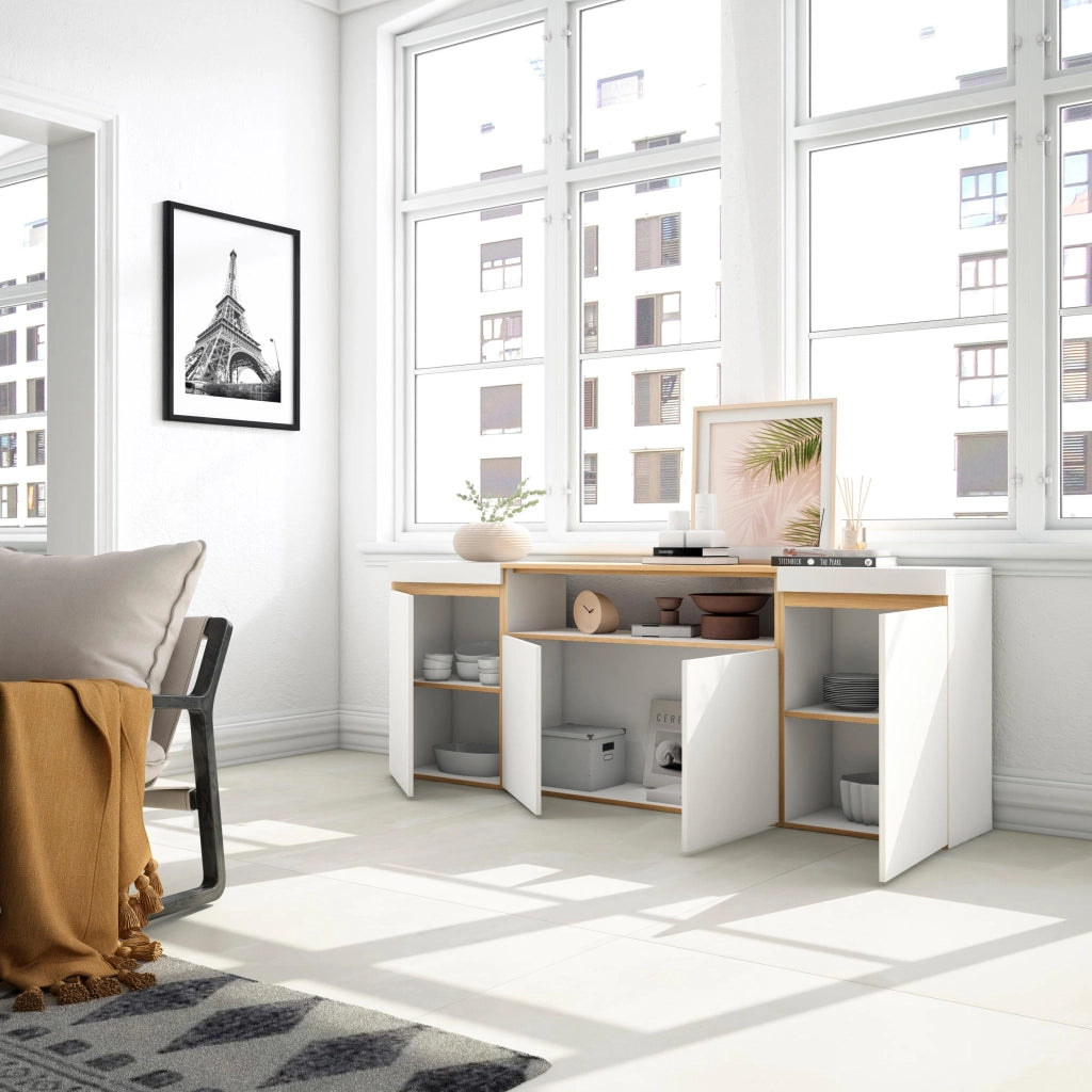 Credenza, Mobile, Cucina, 200x75x35cm, 4 Porte, grande stoccaggio, Bianco e Rovere soft
