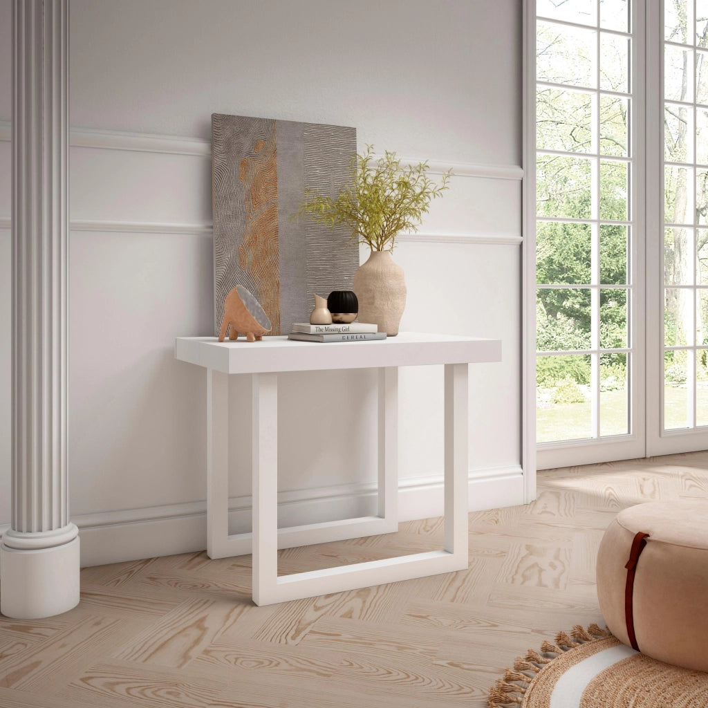 Consolle allungabile, 222x90x73cm, Per 10 persone, Gambe in legno, Bianco e grigio cemento RF2976