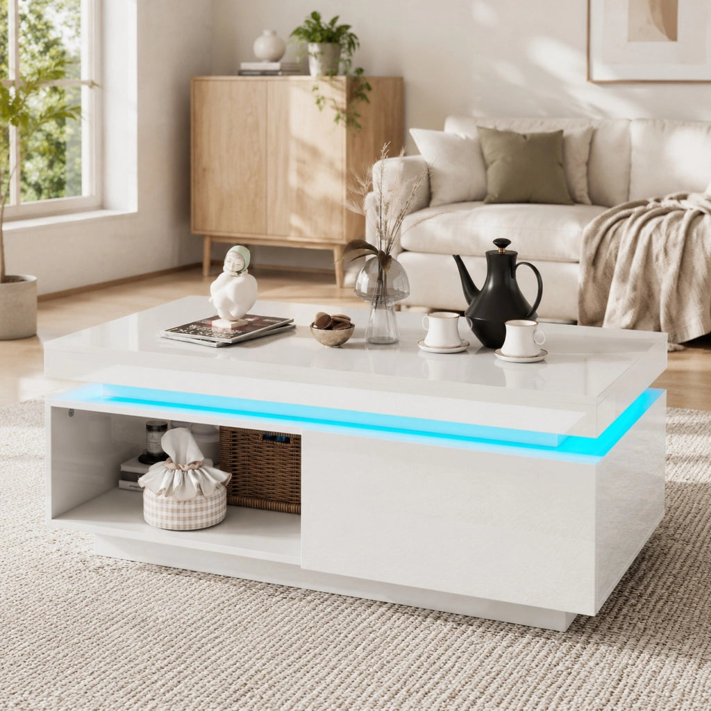 Set mobile TV lucido bianco con tavolino e illuminazione LED