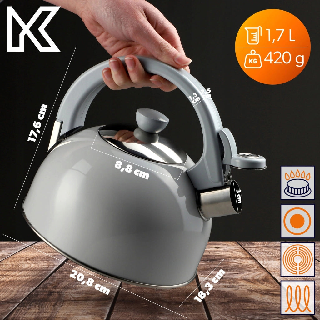 Bollitore a gas/induzione KADAX con fischietto, 1,7 l, acciaio tradizionale, grigio