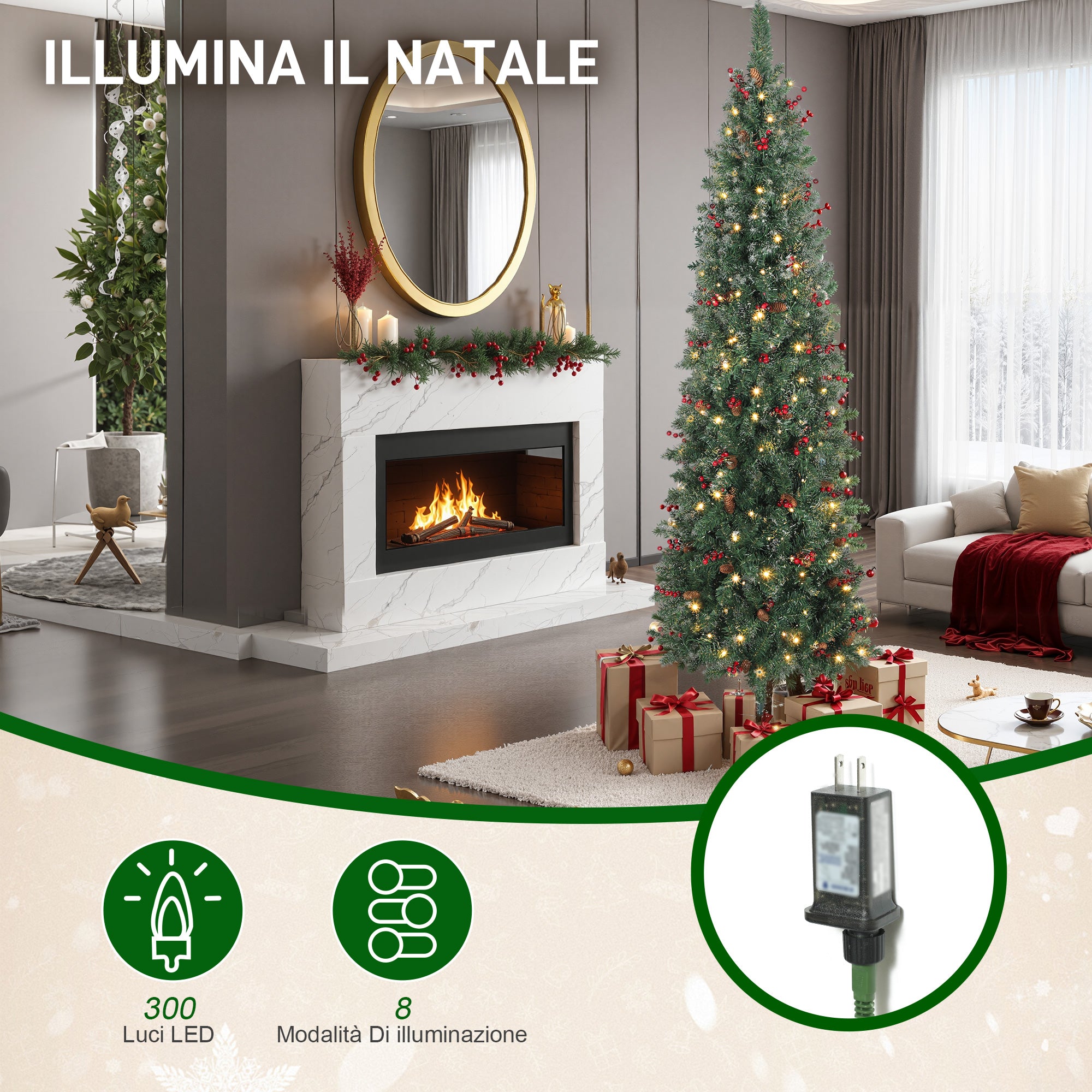 Albero di Natale 210 cm 656 Rami e 300 Luci LED Decorato con 55 Pigne e 55 Grappoli di Bacche Verde e Argento