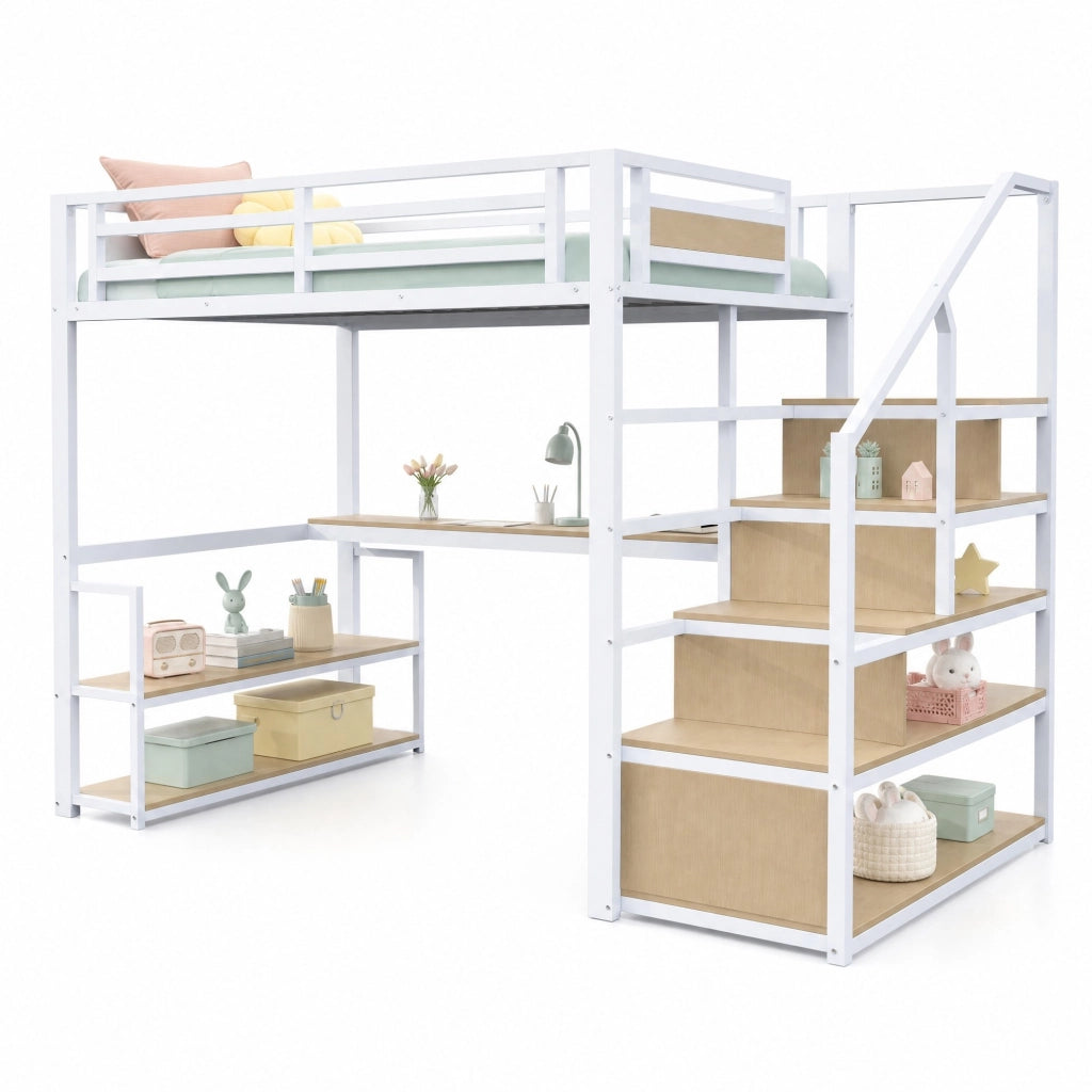 Letto a soppalco in metallo con scala contenitore, scrivania e ripiani, 140x200 cm, bianco