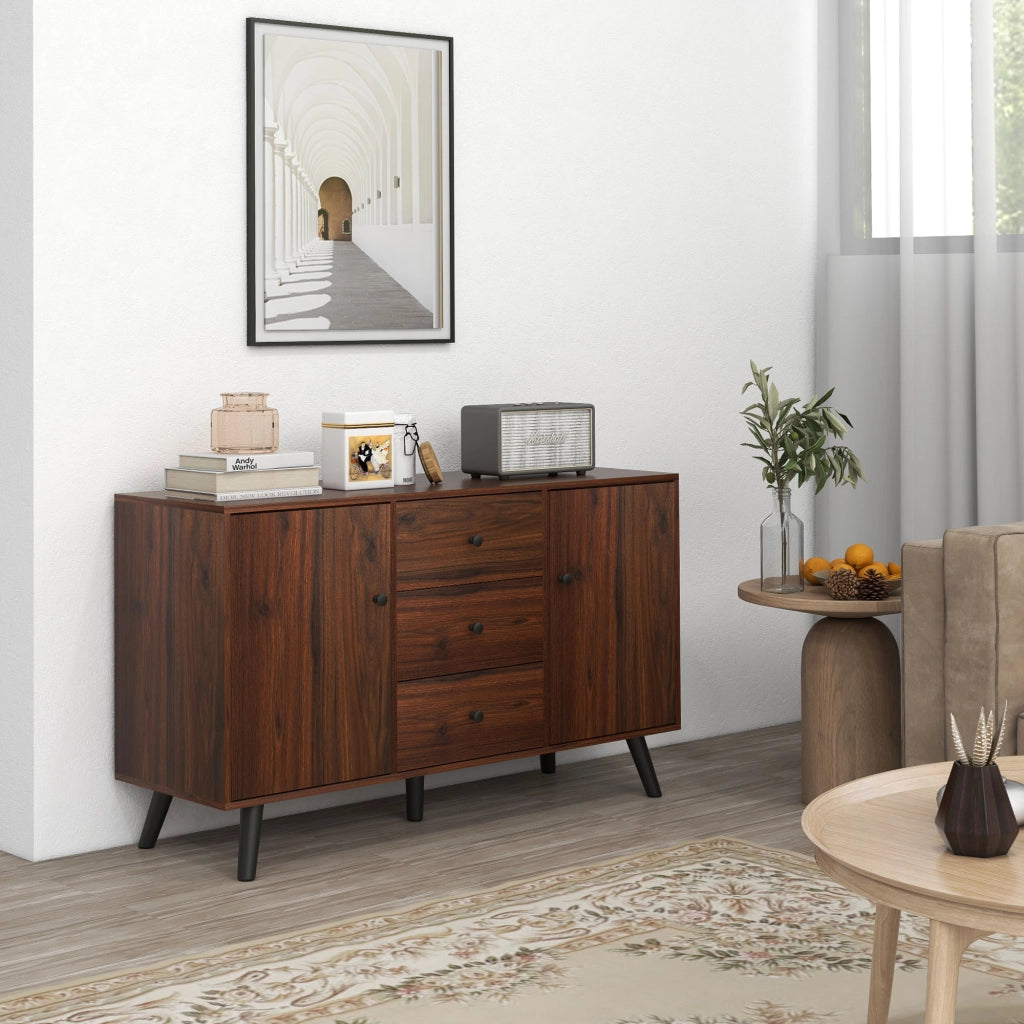 Credenza Moderna in Legno e Truciolato con 2 Armadietti e 3 Cassetti, 127x40x76 cm, Marrone e Nero