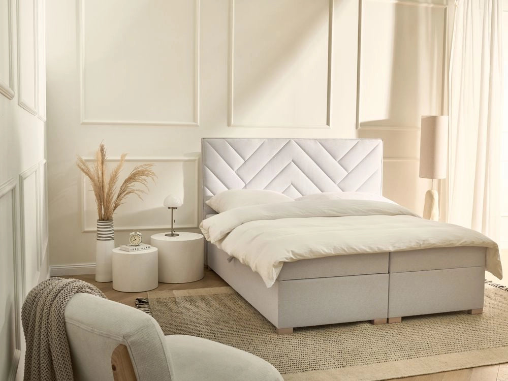 Letto contenitore in tessuto imbottito bianco sporco 160x200 cm con apertura a sollevamento continentale