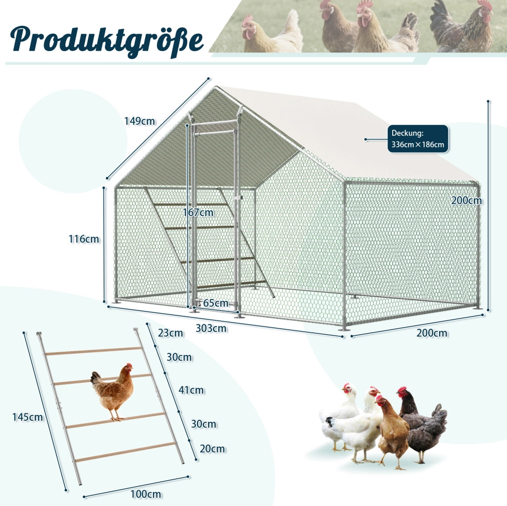 Pollaio 300x200x200 cm con copertura impermeabile UV; scala con posatoio e serratura di sicurezza in metallo