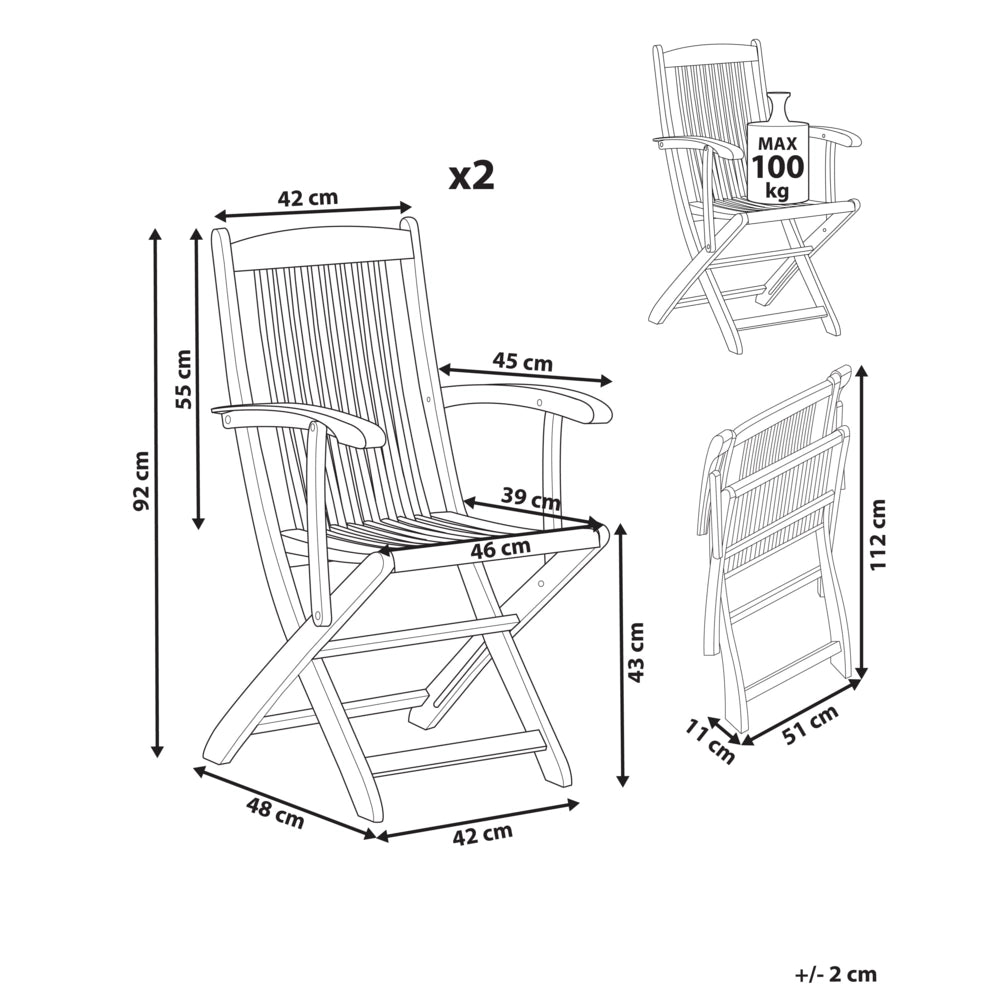 Set di 2 sedie da pranzo da giardino in marrone chiaro con struttura in legno di acacia pieghevole dal design rustico