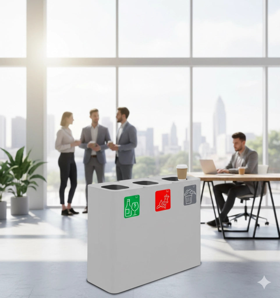 Pattumiera Sistema di Raccolta Rifiuti 90x30xh80 cm In Acciaio Verniciato 3 Scomparti Bianco