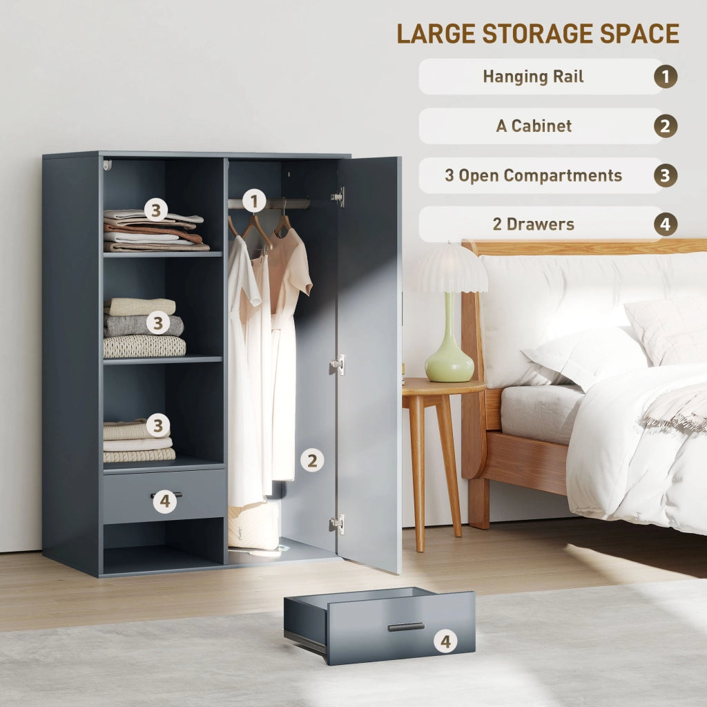 Armadio Moderno 80x50x124 cm Appendiabiti Cassetti e Mensole in Truciolare Grigio Scuro