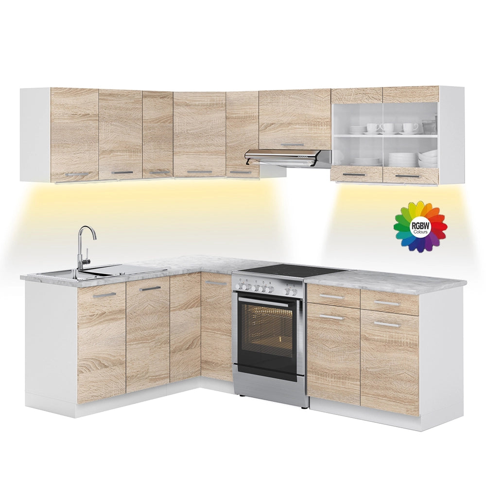 Cucina ad angolo Rick Sonoma/Bianco 227 x 167 cm, PL Marmo con striscia LED Vicco