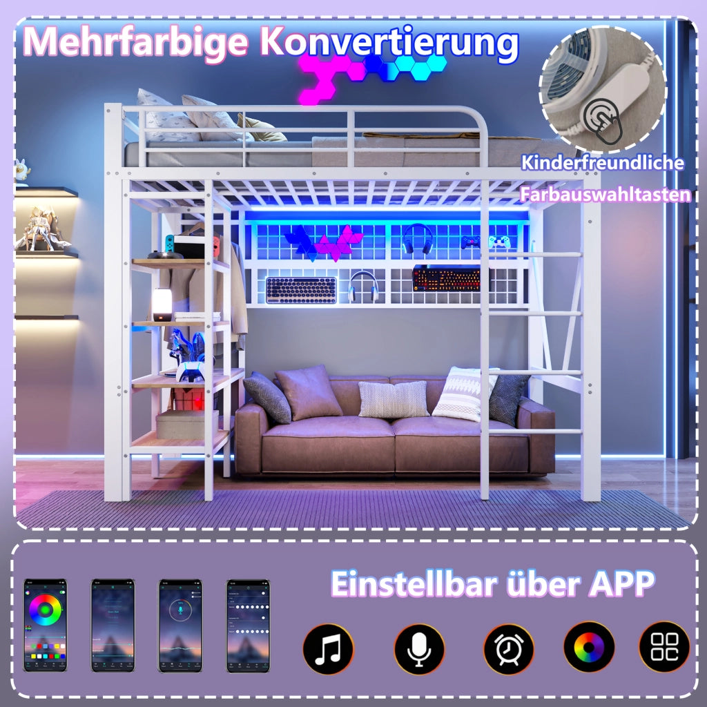 Letto a soppalco in metallo con rete appendi, LED e scala, 90x200 cm, bianco
