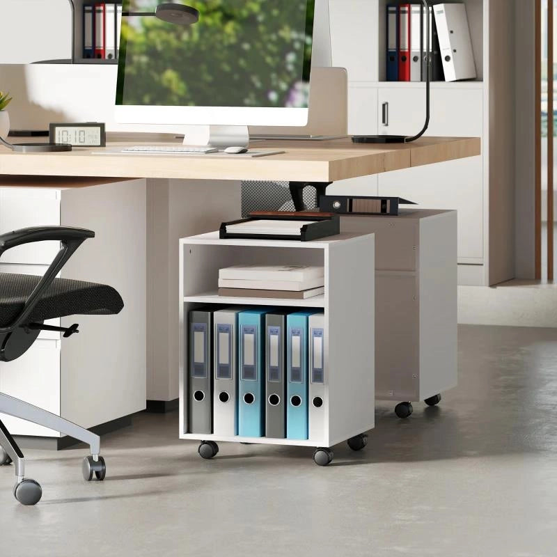 MOBILE PORTA STAMPANTE CON RUOTE E 2 RIPIANI APERTI IN LEGNO, 40X35X55.5 CM, BIANCO