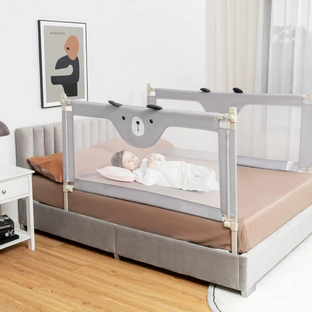 Barriera Letto per Bambini, Sponda di Sicurezza con Doppio Blocco di Sicurezza per Bambini, con Sollevamento Verticale, Lunghezza 145/174 cm, Grigio (145 cm, Stile 2)