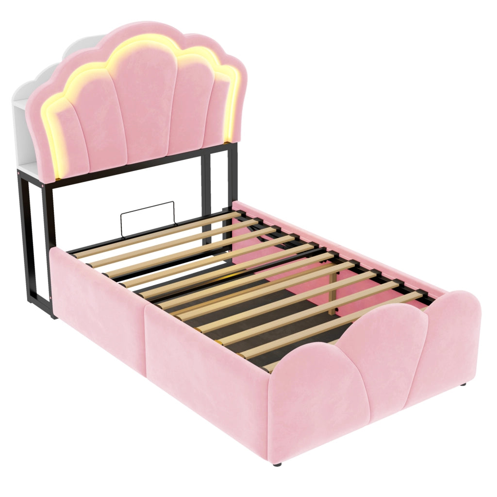 Letto imbottito 90x200 cm con contenitore idraulico, LED e prese integrate