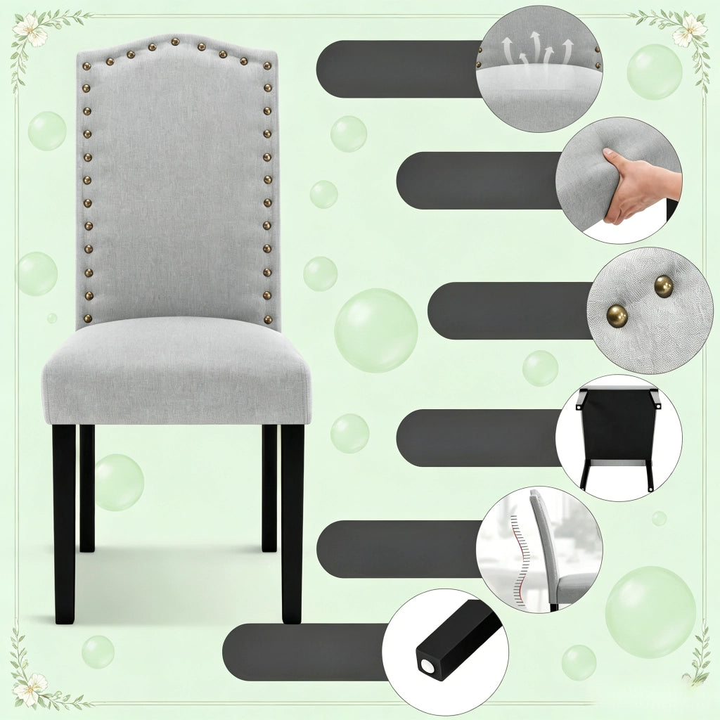 Sedia da Pranzo Set da 2 con Schienale Alto Ergonomico e Gambe Antiscivolo in Lino Grigio Chiaro