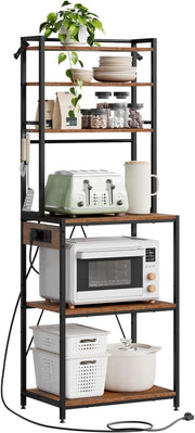Scaffale da Cucina a 6 Livelli con Prese di Corrente, Scaffale per Microonde con Struttura in Metallo e Piano di Lavoro Aperto, Nero+Marrone Rustico, 60x39,5x167cm