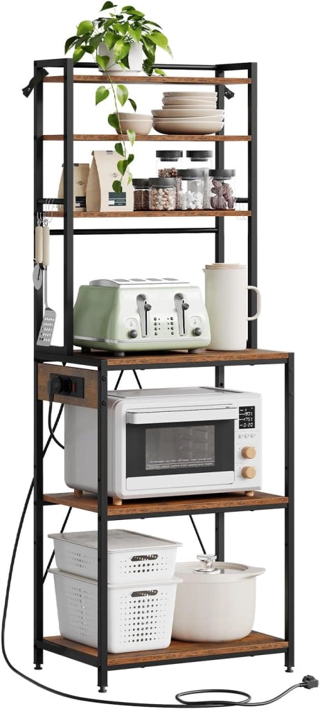 Scaffale da Cucina a 6 Livelli con Prese di Corrente, Scaffale per Microonde con Struttura in Metallo e Piano di Lavoro Aperto, Nero+Marrone Rustico, 60x39,5x167cm