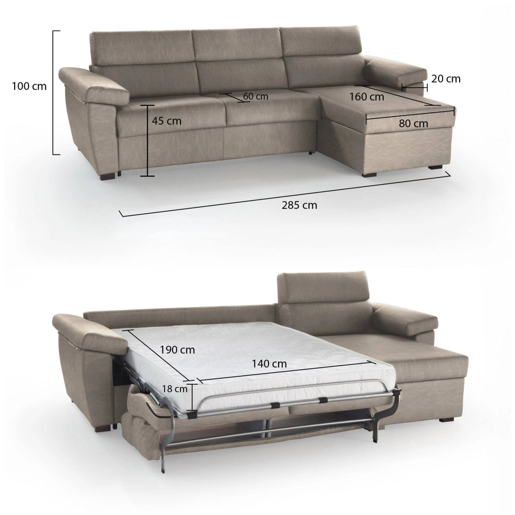 Tolle, Divano Letto con Penisola Sfoderabile Made in Italy, 285x160 cm Grigio Tortora