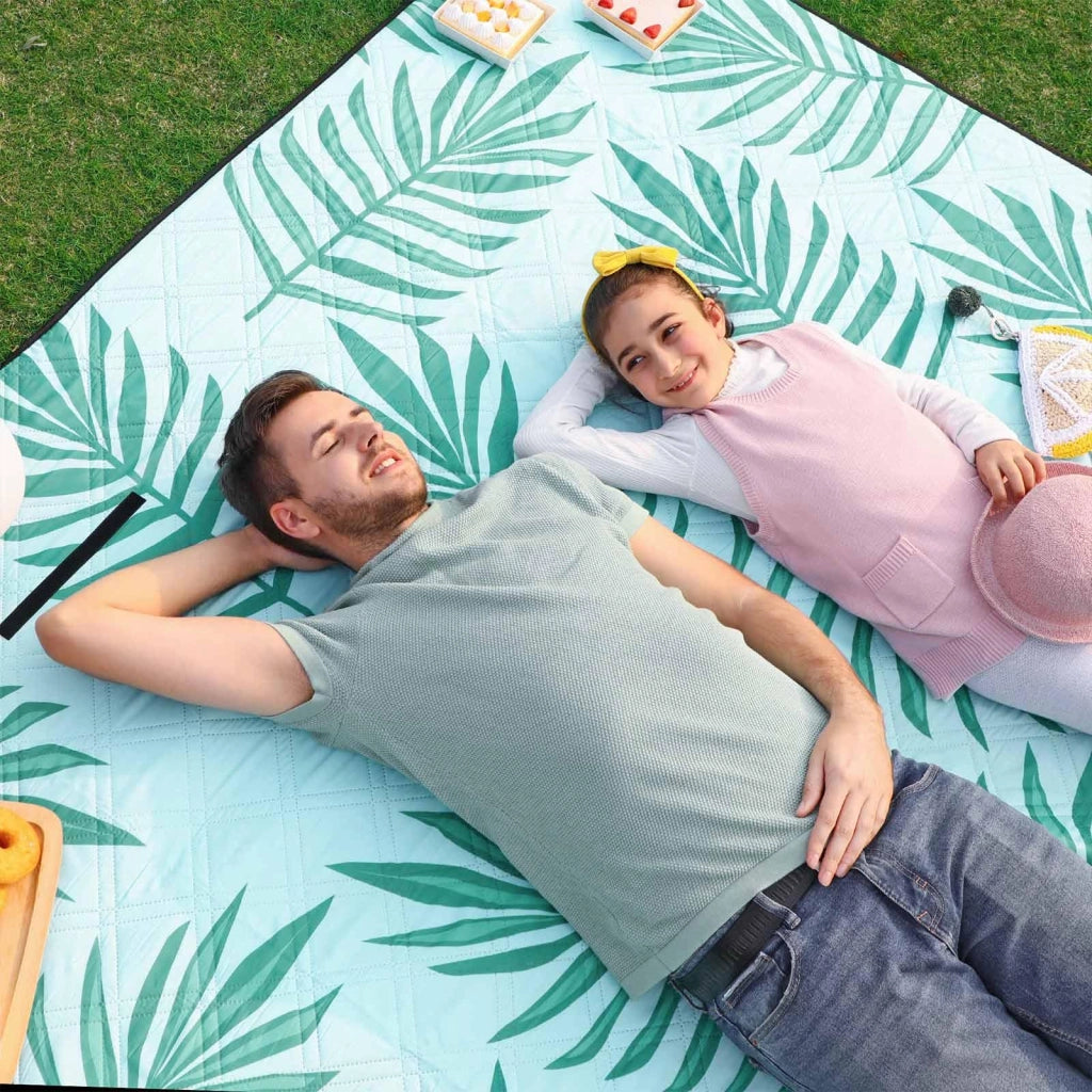 Coperta da picnic 200 x 200 cm Tappetino da spiaggia per campeggio Parco Cortile Superficie esterna impermeabile Lavabile in lavatrice Modello Felce e blu 12_0001565