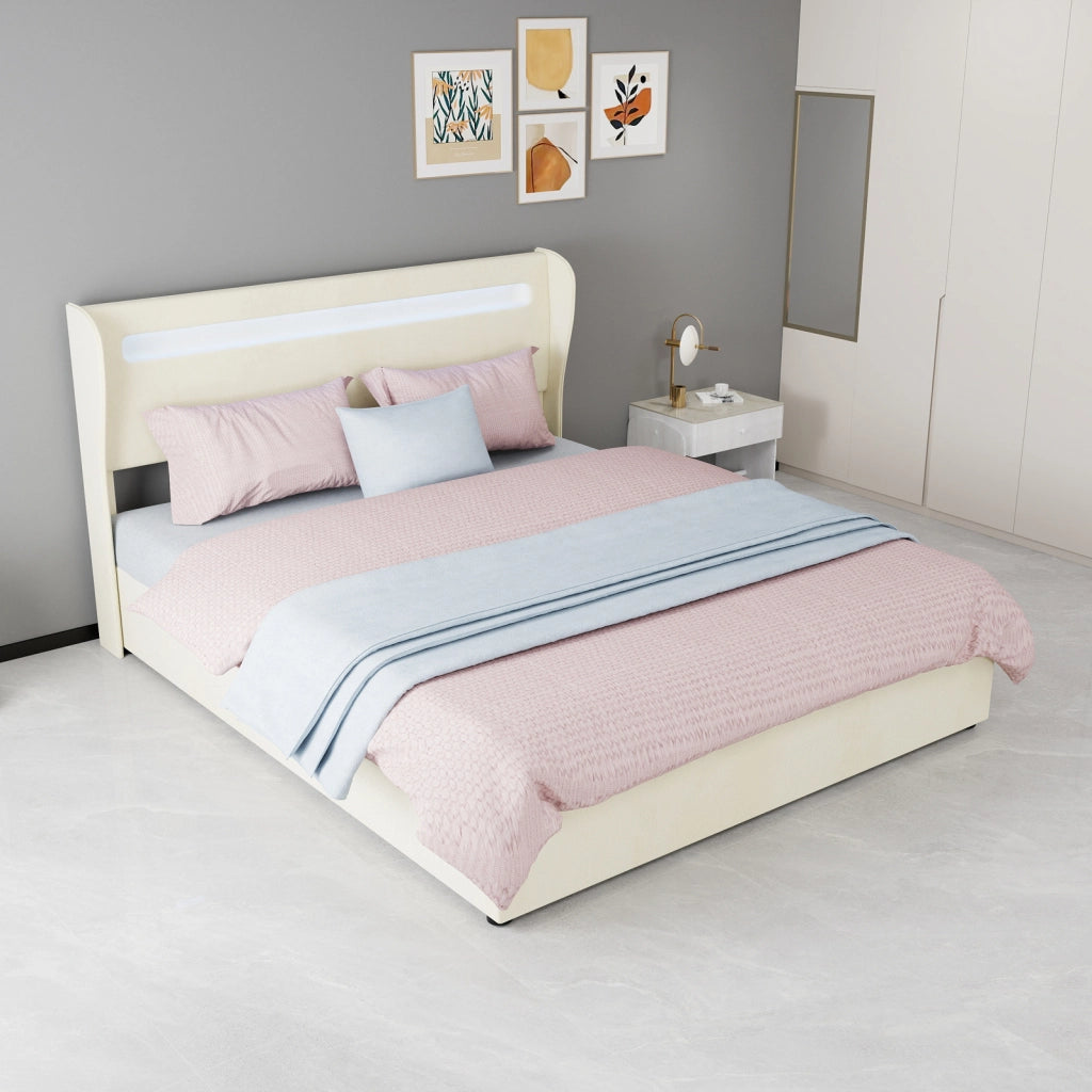 Letto imbottito ULEVR 160x200 cm con testiera regolabile e illuminazione LED multicolore, beige