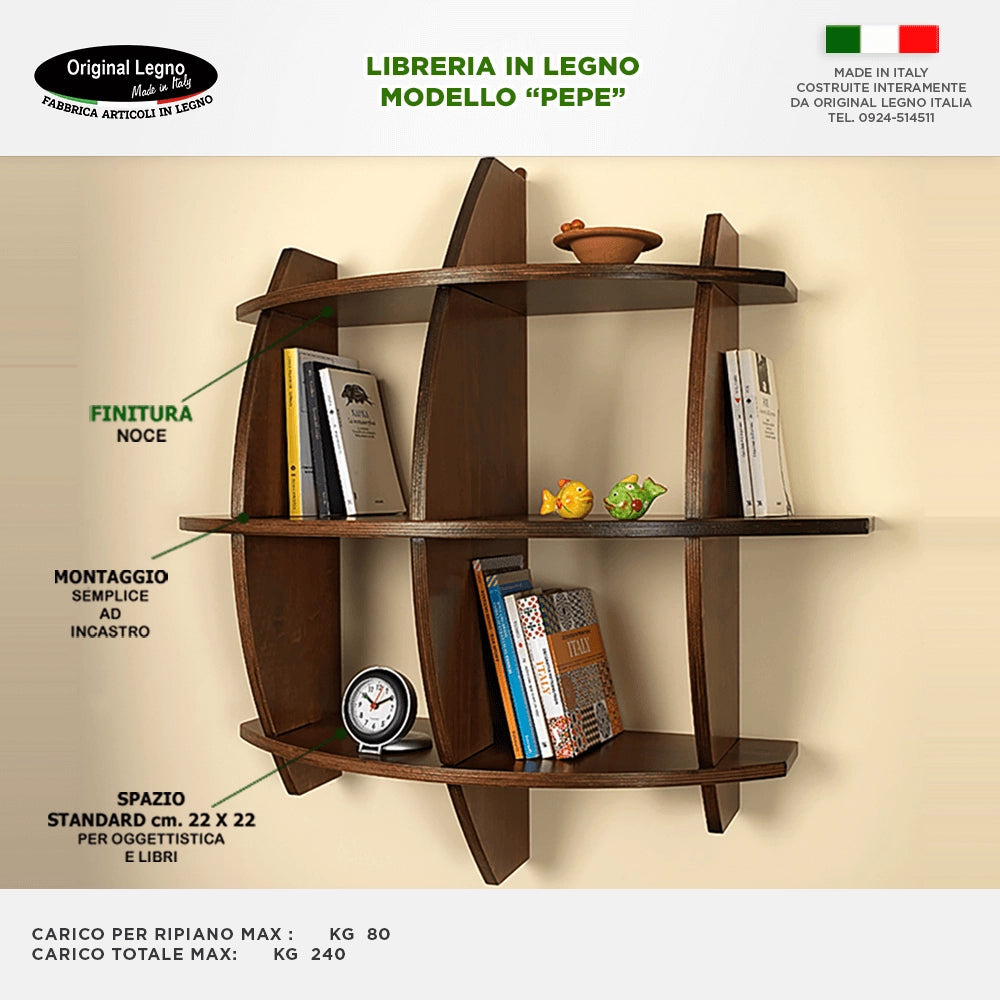 LIBRERIA MENSOLA SCAFFALE IN LEGNO MODELLO PEPE CON 3 RIPIANI FINITURA NOCE L.75  x P.30 x H.75 MADE IN ITALY ORIGINAL LEGNO ITALIA