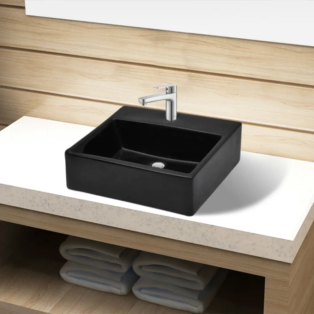 Lavandino Bagno in Ceramica Nera Quadrato con Foro per Rubinetto 141941