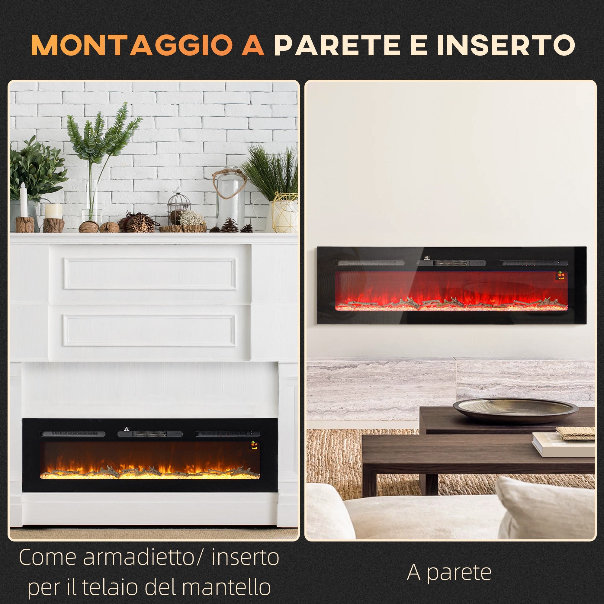 Camino Elettrico da Parete 1800W con Telecomando e Display LCD 152,4x15,8x45 cm Nero