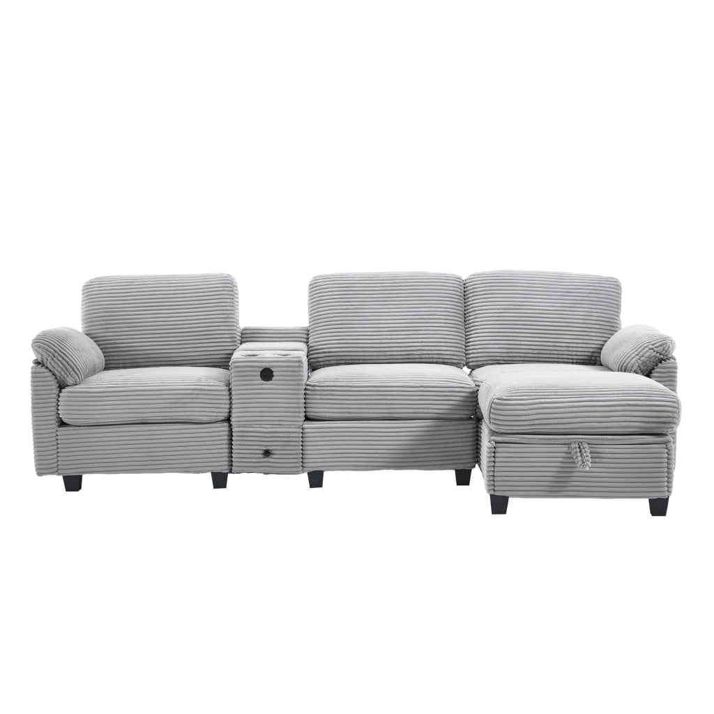 Divano in tessuto Cord - Zephmum- Grande con comfort foam, console centrale rimovibile, USB-C, pouf mobile