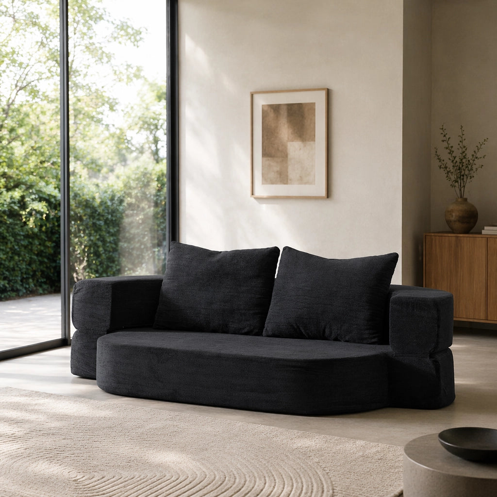 Divano letto pieghevole 3 in 1 in flanella nera, senza montaggio, con coperta