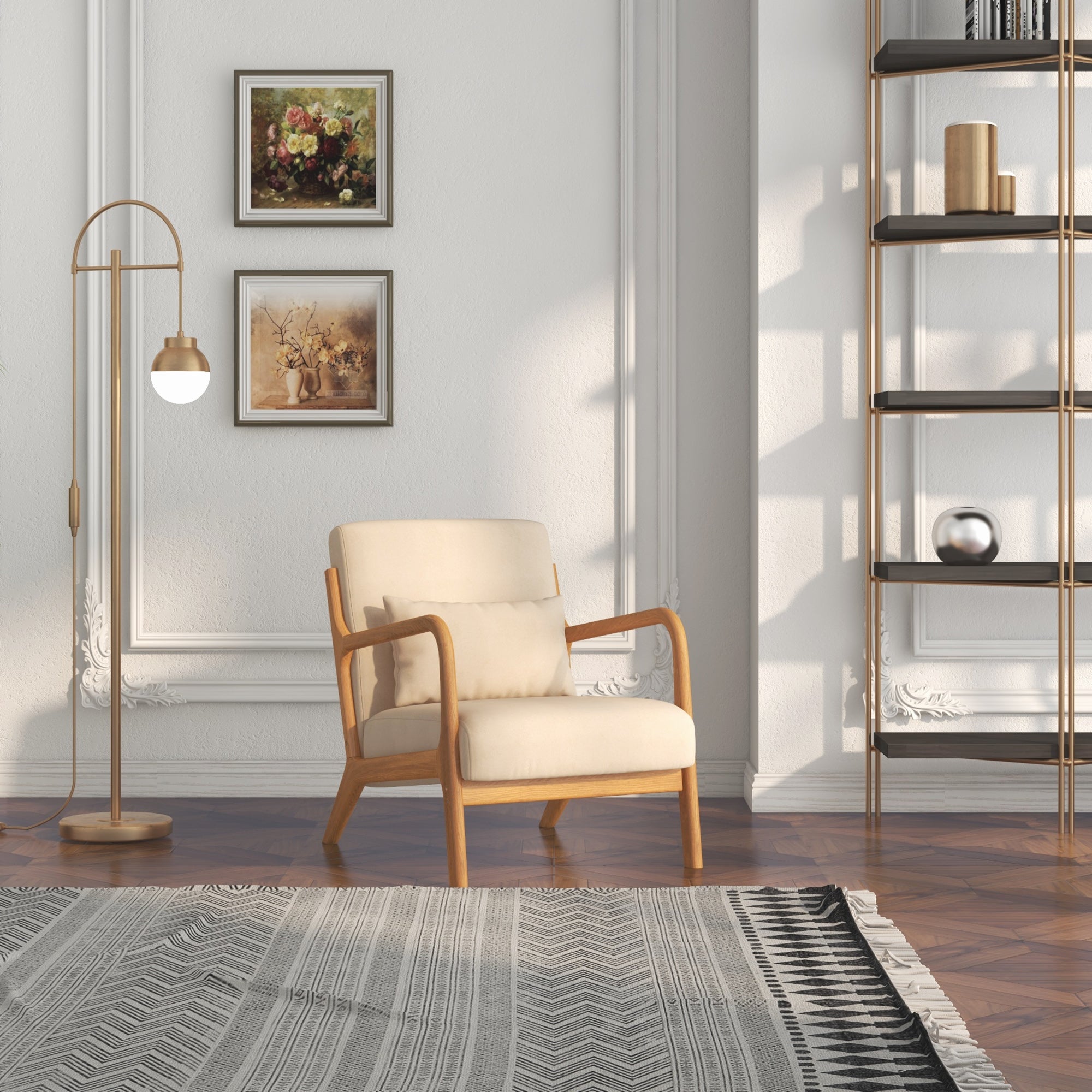 Poltrona in Stile Scandinavo 61x78x76 cm Struttura in Legno Rivestimento in Velluto Beige