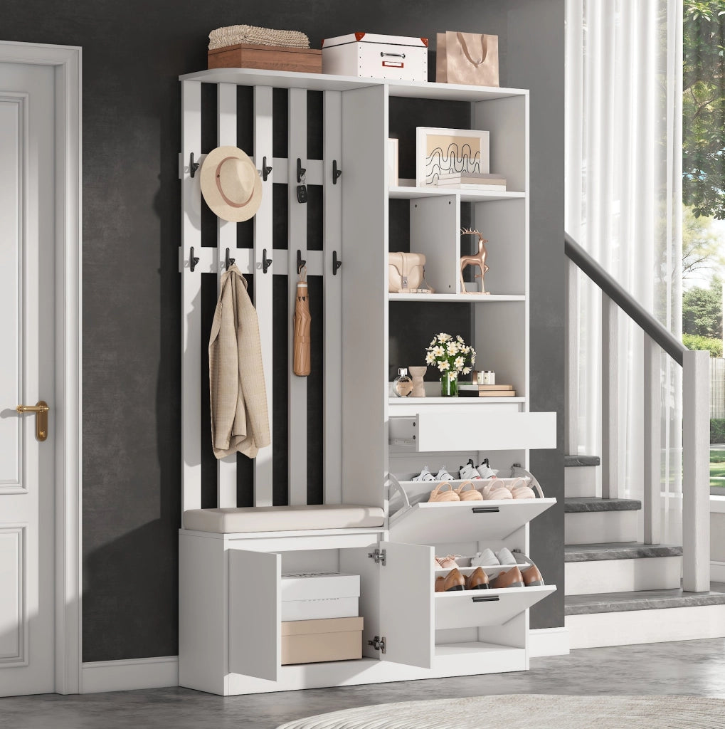Guardaroba da ingresso 120x30x200 cm con panca imbottita e 10 ganci in MDF bianco
