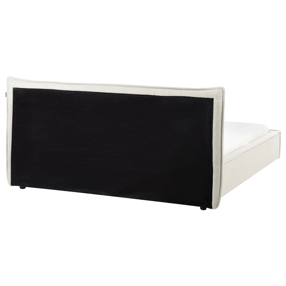 Letto ad acqua king size UE con rivestimento in tessuto di lino bianco sporco e gambe nere 160 x 200 cm con testiera e struttura a doghe per camera da letto.