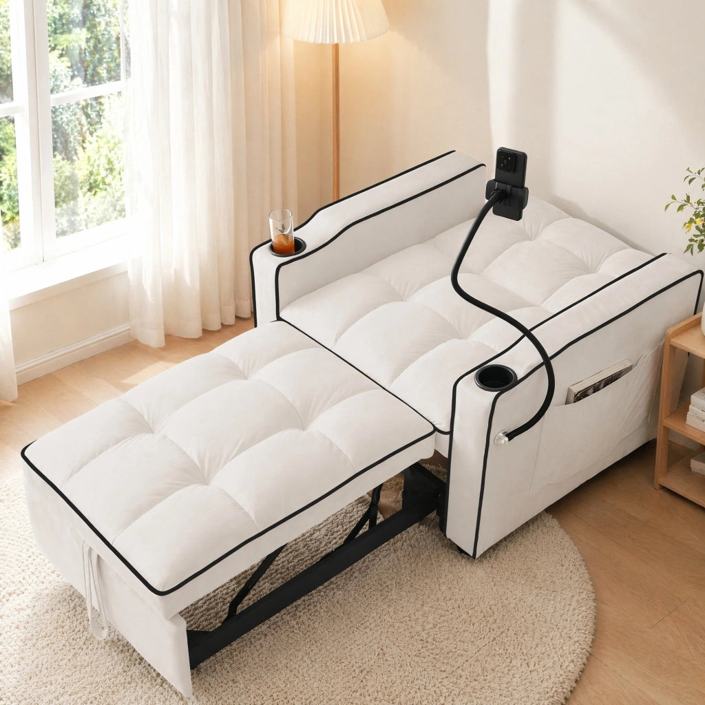 Poltrona letto 3 in 1 con Schienale Regolabile, Portabicchieri, Supporto per Telefono, Schiuma Beige 83 × 167 × 76 cm