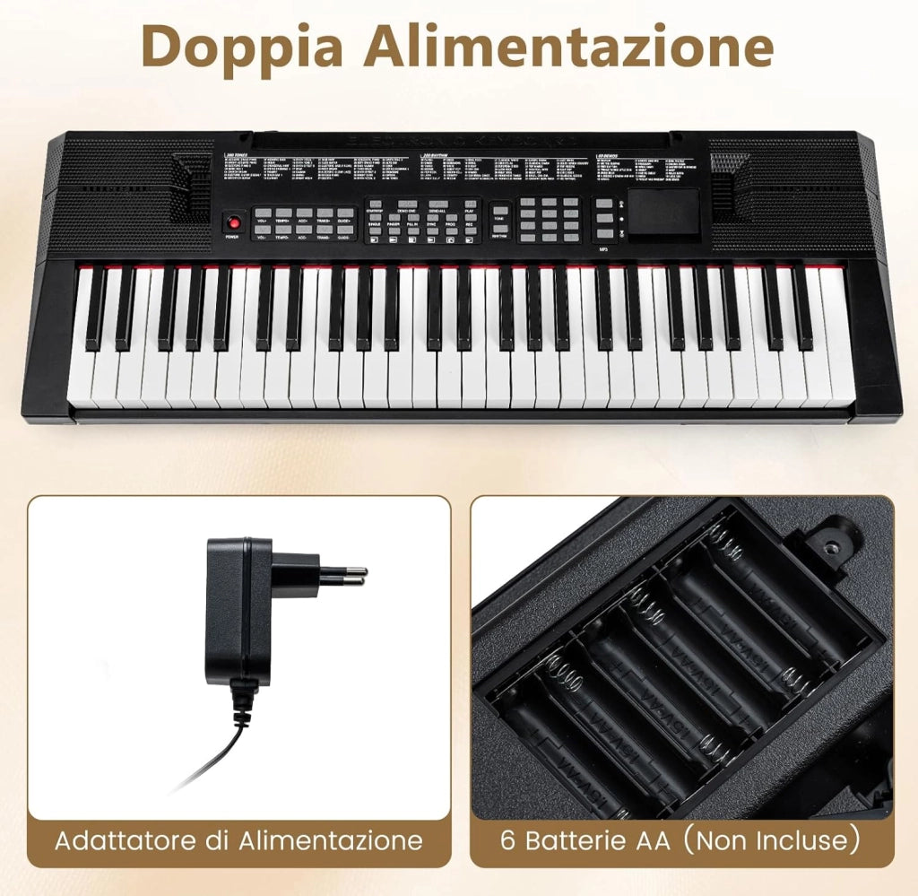 Tastiera Pianoforte a 54 Tasti per Principianti, Pianoforte Digitale con 200 Ritmi e 200 Suoni, 60 Demo, Leggio, Strumento Musicale Educativo per Bambini, Adolescenti e Adulti, Nero