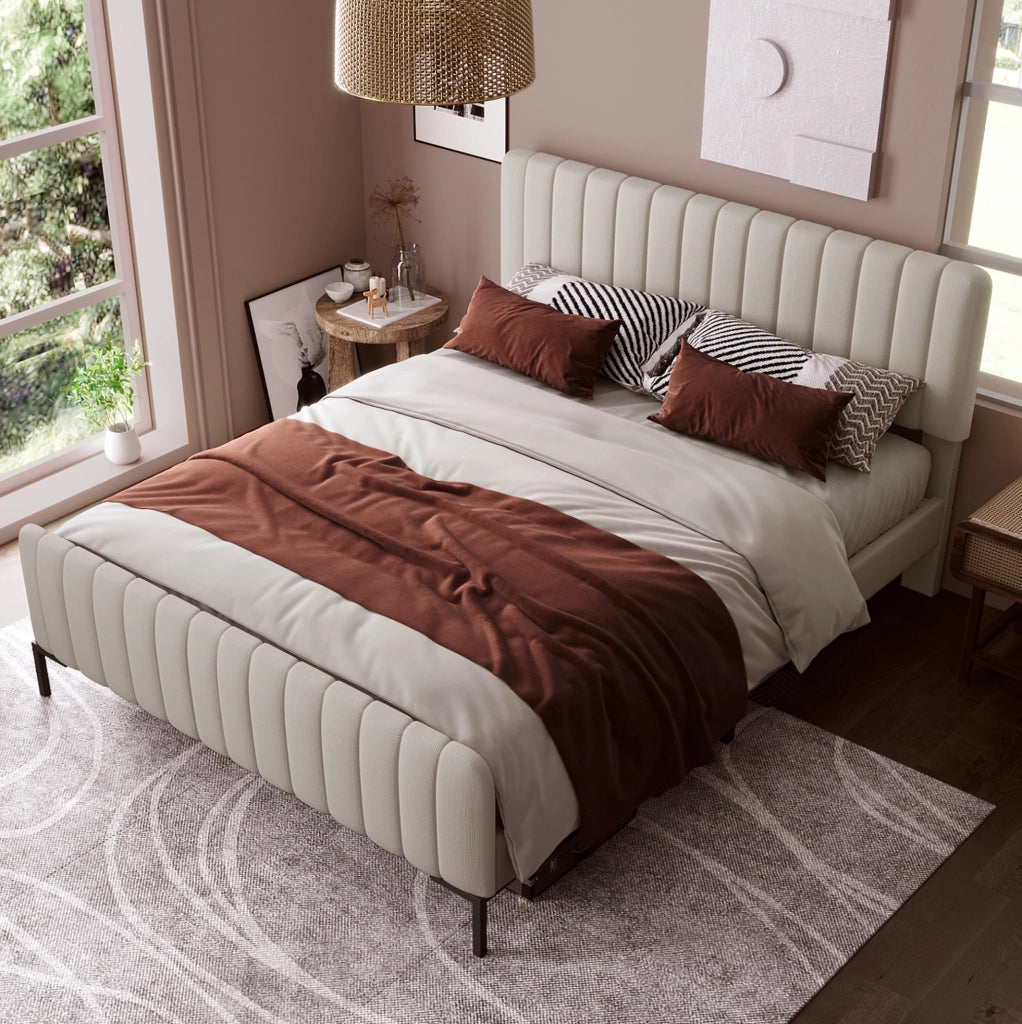 Letto matrimoniale imbottito 160x200 cm in lino grigio-beige; testiera regolabile; struttura in metallo e legno