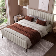 Letto matrimoniale imbottito 160x200 cm in lino grigio-beige; testiera regolabile; struttura in metallo e legno