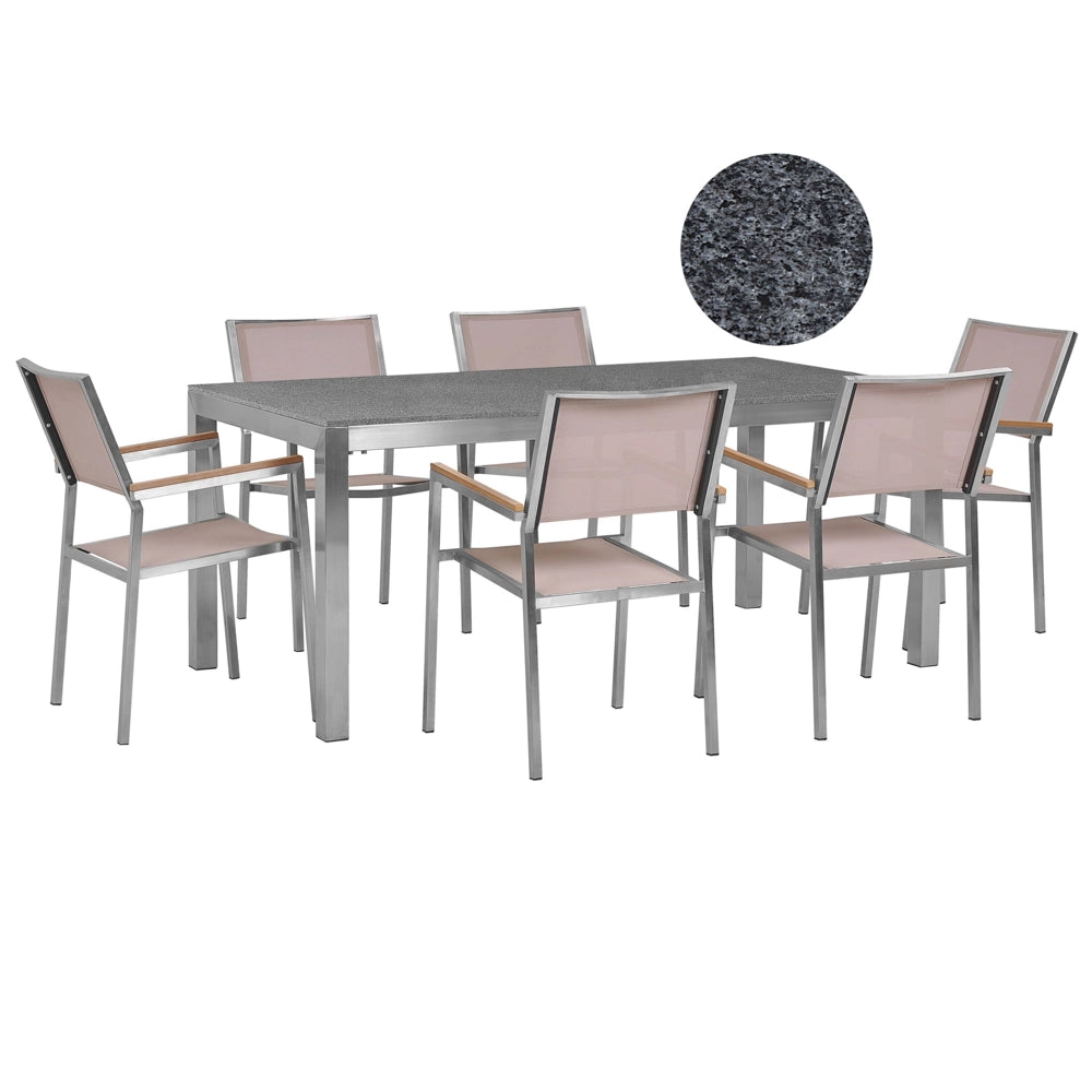 Set da pranzo da giardino beige con piano in granito grigio sedie in rattan 6 posti 180 x 90 cm