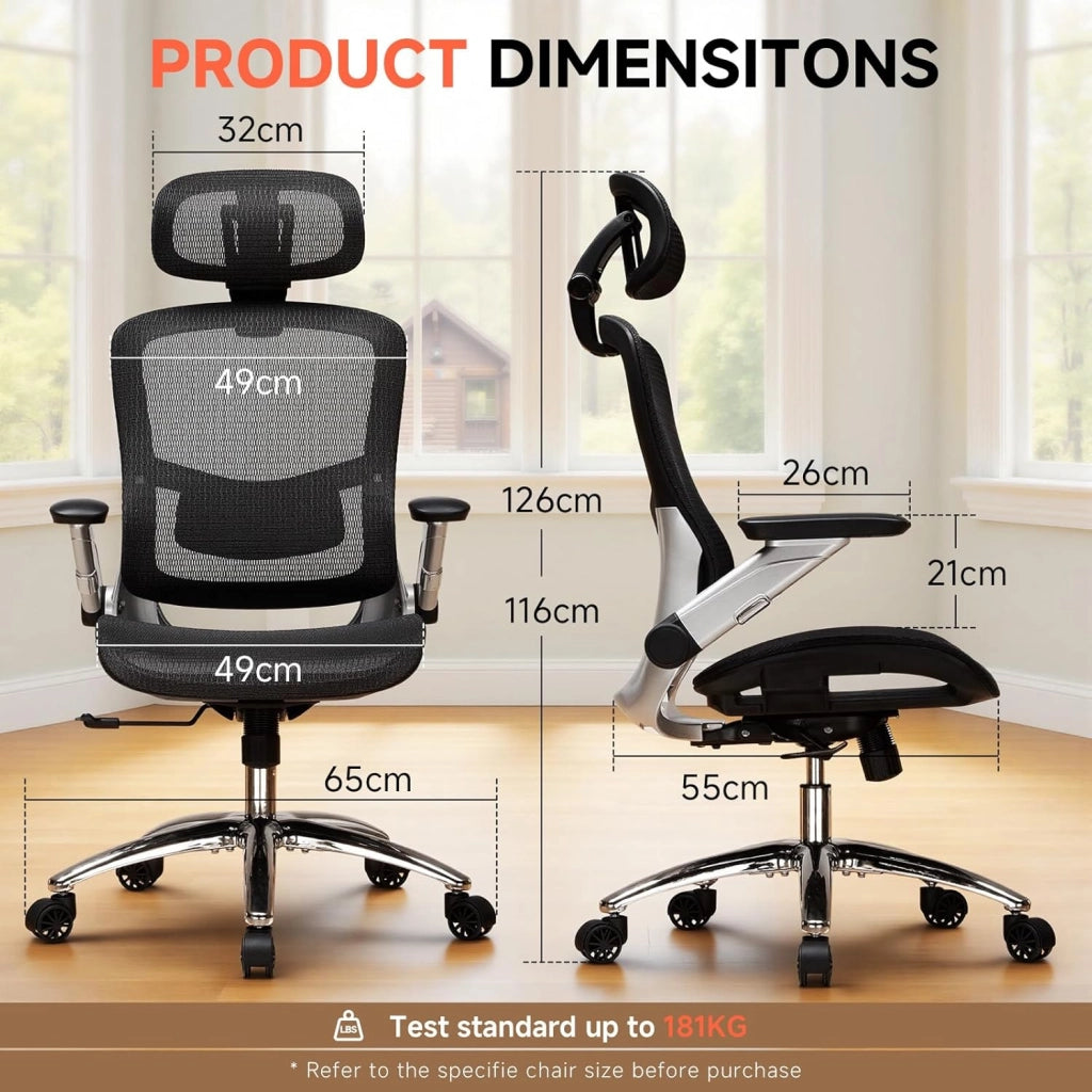Sedia da ufficio ergonomica da scrivania con mesh, poggiatesta 2D, braccioli 4D, schienale alto con bilanciere e bloccaggio (90-125°), seduta extra larga, portata 180 kg, colore nero