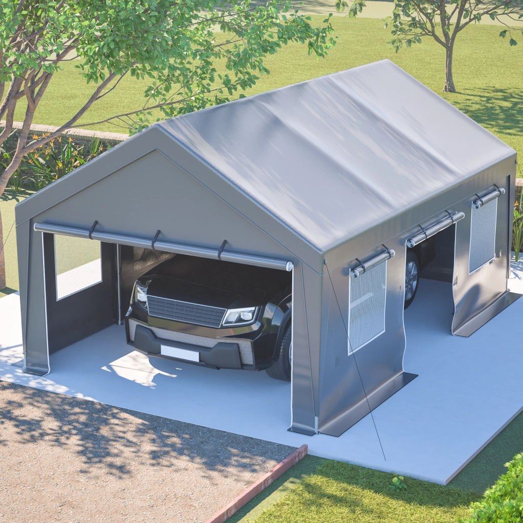 Tenda Garage 611x396x300 cm Grigia con Telo PE Impermeabile UV, Telaio Zincato e Porte Avvolgibili
